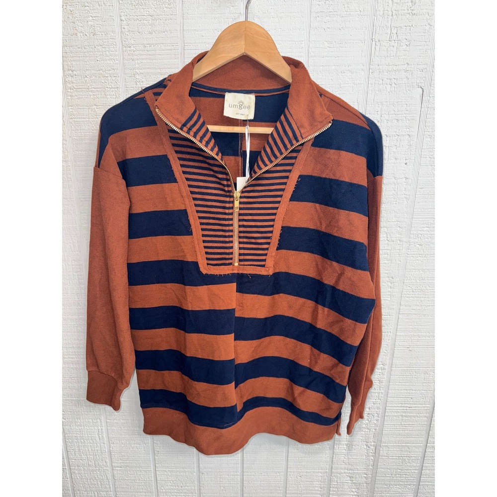Umgee Pullover Women Rust Orange Navy Blue Striped Quarter Zip NWT Size S